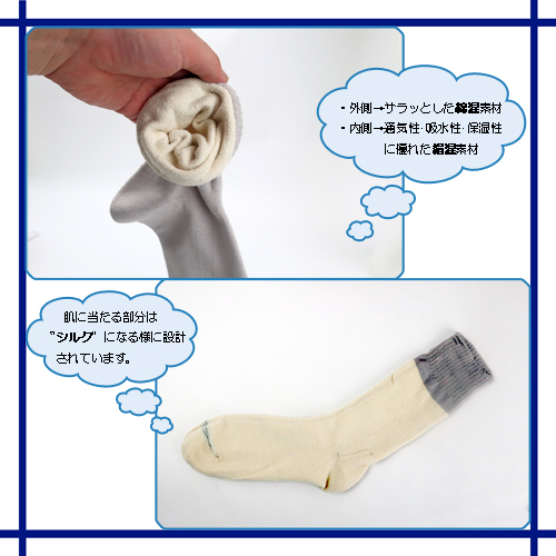 シルク＋コットン二重編靴下
<紳士>　肌側シルク　日本製